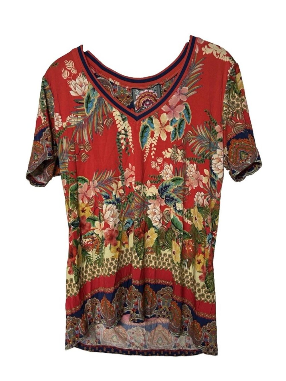 Johnny Was Women’s Short Sleeve Shirt Blouse V Neck Rapsodia Tropical Floral
